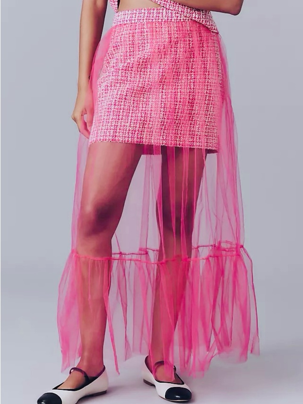 ANTHROPOLOGIE NWT S Tulle Overlay Tweed Skirt in Raspberry • Hot Pink Mini Maxi